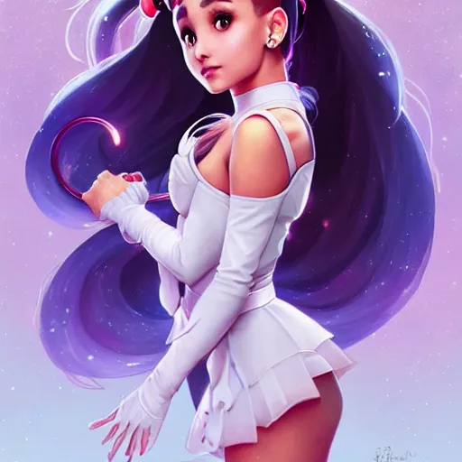 Image similar to ariana grande as sailor moon, fantasy, intricate, elegant, highly detailed, digital painting, artstation, concept art, matte, sharp focus, illustration, art by Artgerm and Greg Rutkowski and Alphonse Mucha