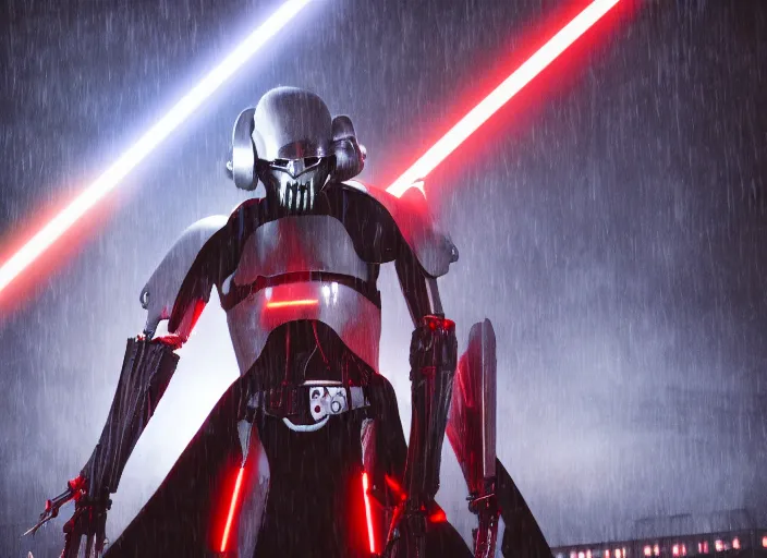 Image similar to portrait photo of general grievous with arms holding 4 activated red lightsabers in the rain. cyberpunk horror style.