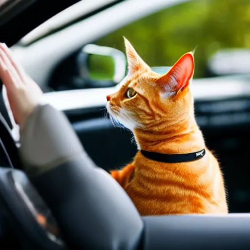 Image similar to an orange tabby cat driving a car