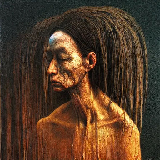 Prompt: portrait of 6500 years old girl, painting by Beksinski