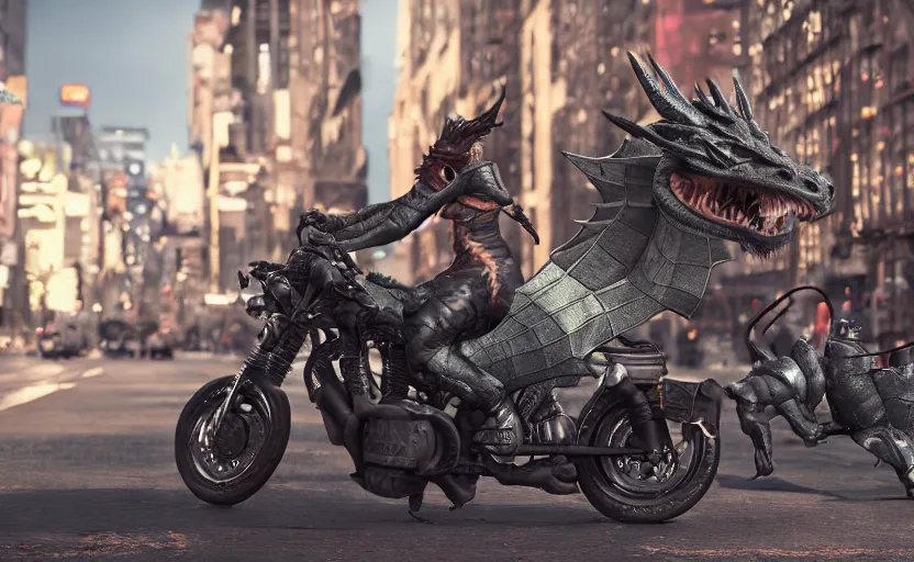 Image similar to a dragon motorcycle in ny, 3 d render, octane render, unreal engine 5, trending on artstation, high quality, highly detailed, concept art, product photo, hyperrealistic, 4 k, path traced