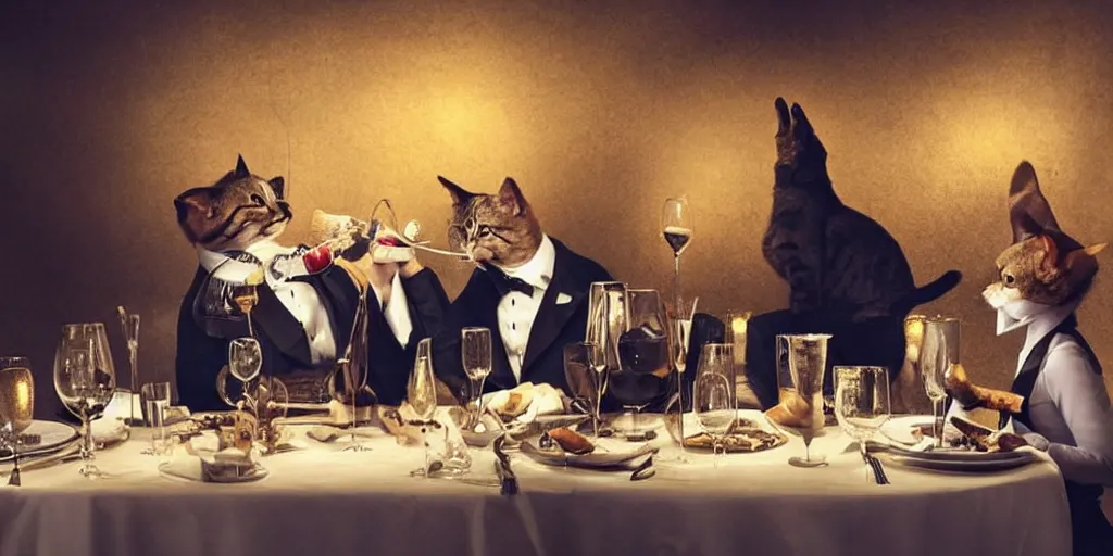 Prompt: sophisticated cats and dogs wearing suits and dresses eating dinner at a fancy restaurant, very atmospheric lighting, award winning photo, masterpiece