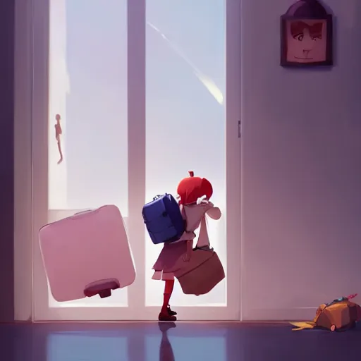 Image similar to goro fujita ilustration heerful girl taking the suitcases out of her house, characterized by cushart krenz, character art, sharp focus, highly detailed, artstation