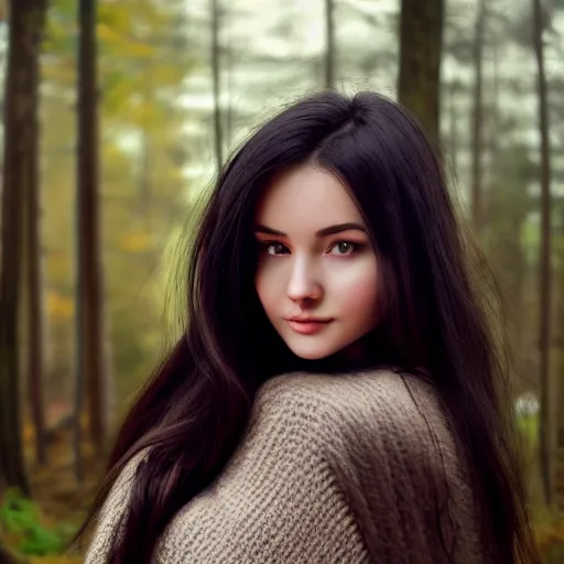 Image similar to real life photo of a beautiful girl, full body photoshoot, long black hair, brown eyes, full round face, short smile, brown sweater, forest setting, cinematic lightning, medium shot, mid - shot, highly detailed, trending on artstation, unreal engine 4 k, 8 0 mm, 8 5 mm, cinematic wallpaper