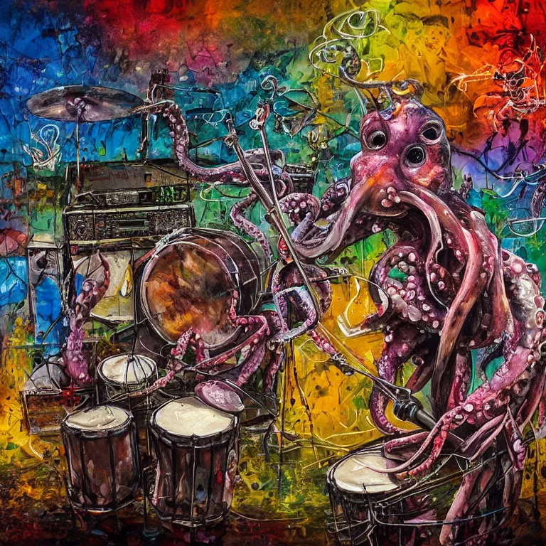 Prompt: a beautiful painting by bordalo ii of an octopus playing drums and telecaster guitar in an electronic concert, dark background, concert light, dark mood, warm lights