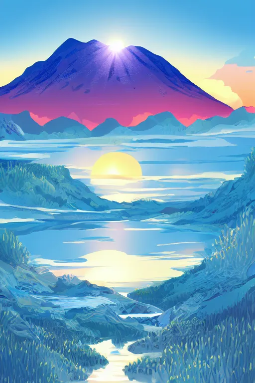 Image similar to sunrise mountain water illustration vector digital art trending on artstation