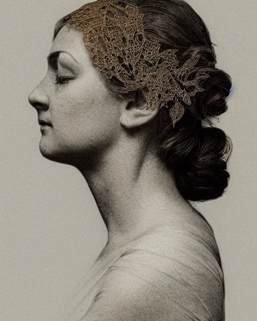 Image similar to a woman's face in profile, made of intricate delicate lace leaf, in the style of the dutch masters and gregory crewdson, dark and moody