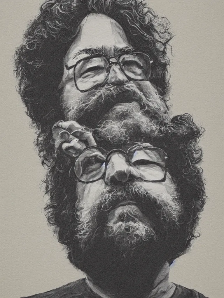 Image similar to professional painting of Jerry Garcia in the style of Quint Buchholz, head and shoulders portrait, symmetrical facial features, smooth, sharp focus, illustration, intricate, stormy weather, extremely detailed masterpiece,