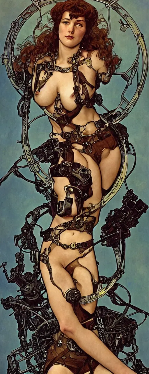Image similar to striking sensual industrial art nouveau style portrait of kitty pryde as an extreme metal soldier by glenn fabry, simon bisley and alphonse mucha, photorealism, extremely hyperdetailed, perfect symmetrical facial features, perfect anatomy, ornate declotage, spikes, latex, excited expression, wild eyes