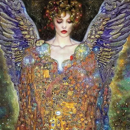 Image similar to dreamy angel, in the cosmos, 🌫🌌 intricate long shelve robes, intricate detail, klimt, royo,