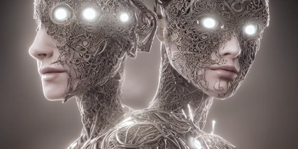 Prompt: ! dream hyperrealistic photography of stunningly beautiful female cyborg, glowing eyes, highly detailed intricate filigree, in the style of beth cavener, jin kagetsu, wlop,, symmetry, masterpiece, concept art, highkey lighting, ambient lighting, hard key light, octane render, 8 k, artstation