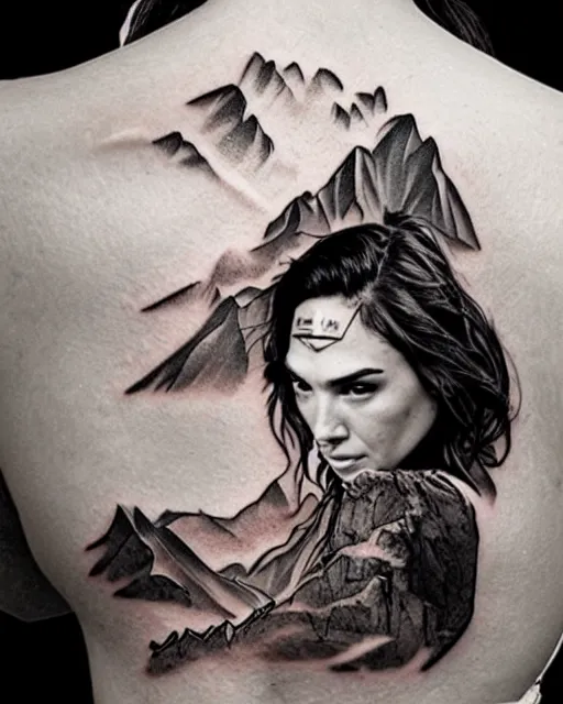 Image similar to creative double exposure effect tattoo design sketch of beautiful gal gadot faded with beautiful mountain scenery, realism tattoo, in the style of matteo pasqualin, amazing detail, sharp