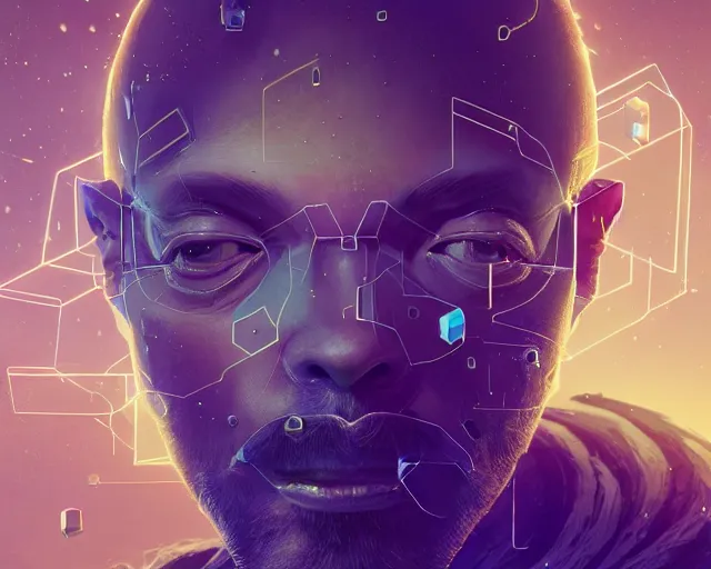 Prompt: portrait of wizard with ion stone cubes orbiting head, intricate abstract. intricate artwork, by tooth wu, wlop, beeple, dan mumford. concept art, octane render, trending on artstation, greg rutkowski very coherent symmetrical artwork. cinematic, key art, hyper realism, high detail, octane render, 8 k, iridescent accents