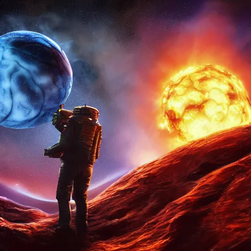 Image similar to one eldritch horror bloody garfield in space, galaxy, hd, 8 k, explosions, gunfire, lasers, giant, epic, realistic photo, unreal engine, stars, prophecy, powerful, cinematic lighting, destroyed planet, debris, movie poster, violent, sinister, ray tracing, dynamic, print, epic composition, dark, lasagna, horrific