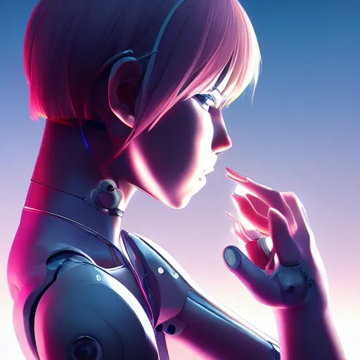 Image similar to digital anime, cyborg - girl looking into a mirror, mechanical insides, reflections, wlop, ilya kuvshinov, artgerm