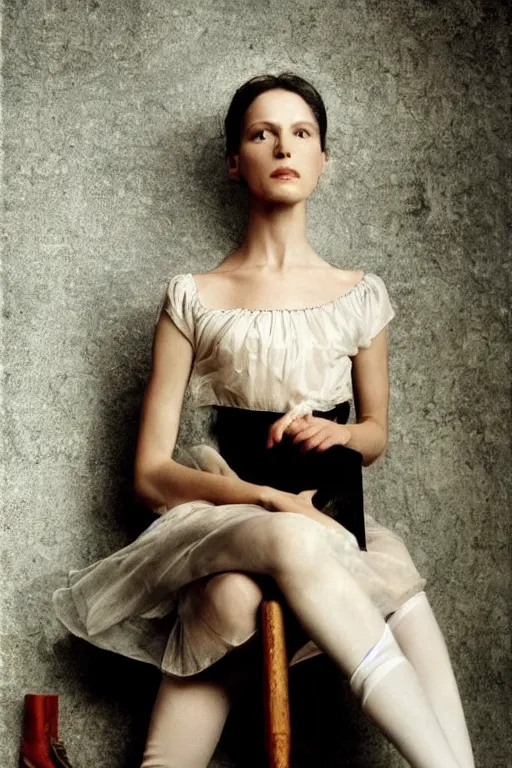 Image similar to hyperrealism fashion portrait woman in a ballet dress and army boots sits on a silk fabric by Roversi photo from The Holy Mountain by Alejandro Jodorowsky in style of Francisco Goya