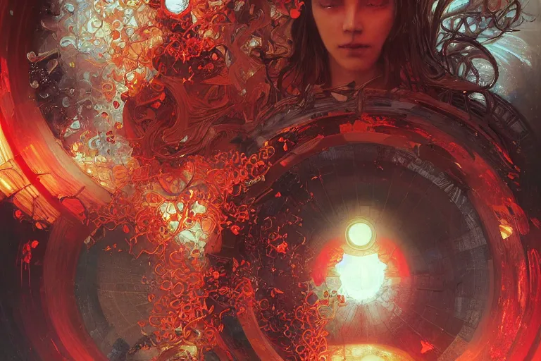 Prompt: arcs of flame, simulation of water splashes, shards of mercury, dramatic lighting, cyberpunk neon, secret cypher, red flowers, solar flares, intricate art by John Collier and Albert Aublet and Krenz Cushart and Artem Demura and Alphonse Mucha