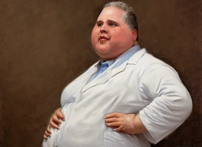 Image similar to a highly detailed obese portrait of a dentist, james gurney, james jean