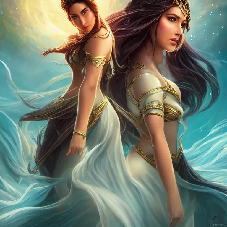 Image similar to beautiful cinematic fantasy poster, a beautiful princess goddess like princess jasmine with flowing illuminated hair, beautiful glowing galaxy eyes, wideshot ultrawide angle epic scale, hybrid from The Elden Ring and art direction by Darius Zawadzki ;by artgerm; wayne reynolds art station; cinematic quality character render; low angle; ultra high quality model; production quality cinema model;