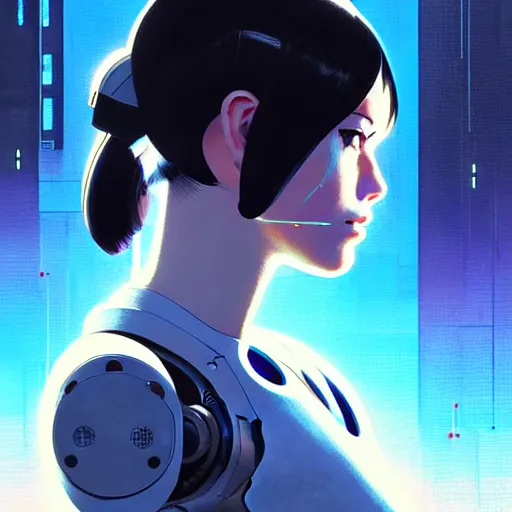 Image similar to side portrait scifi cyborg girl with robotic parts and spacesuit | | head only in center of image, audrey plaza, fine detail!! anime!! realistic shaded lighting!! poster by ilya kuvshinov katsuhiro otomo ghost - in - the - shell, magali villeneuve, artgerm, jeremy lipkin and michael garmash and rob rey