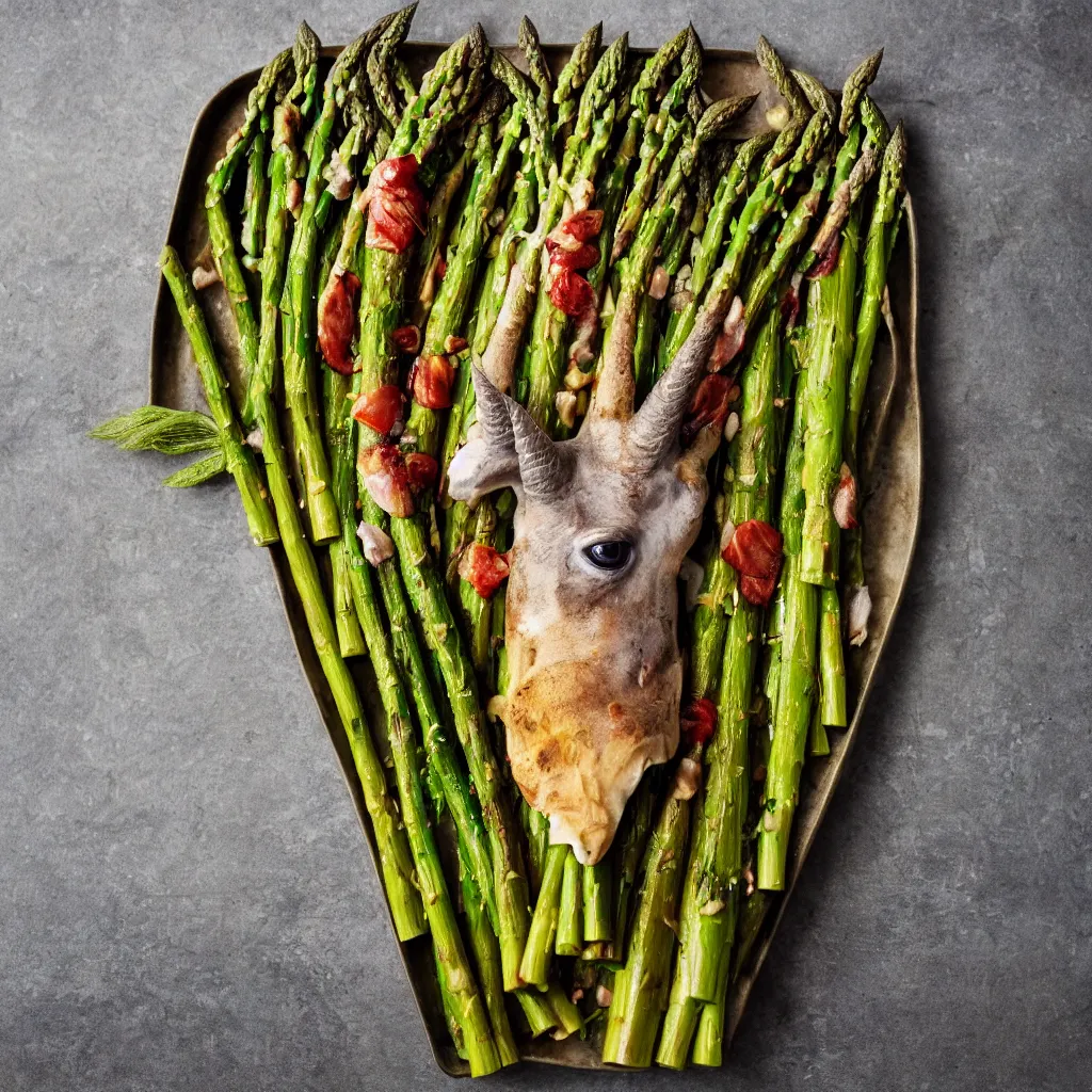 Prompt: roasted unicorn head served with green asparagus. 4 k food photography, image from bbc good food magazine