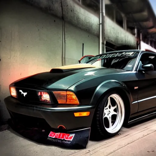 Image similar to JDM 90s car meet dark night time 2013 Mustang cut hood exahust through the hood removed front bumper wangan