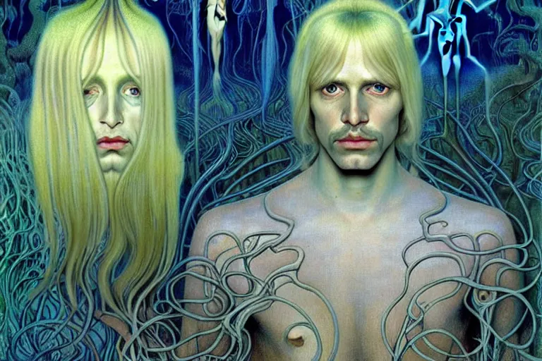 Image similar to realistic detailed portrait painting of a beautiful ghost man with blond hair with an alien, futuristic sci-fi forest on background by Jean Delville, Amano, Yves Tanguy, Alphonse Mucha, Ernst Haeckel, Edward Robert Hughes, Roger Dean, rich moody colours, blue eyes