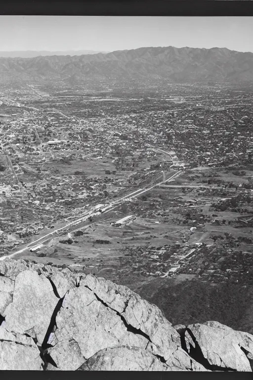 Image similar to retro photograph taken from hill of giant crack!!!!!! in the sky above southern california city