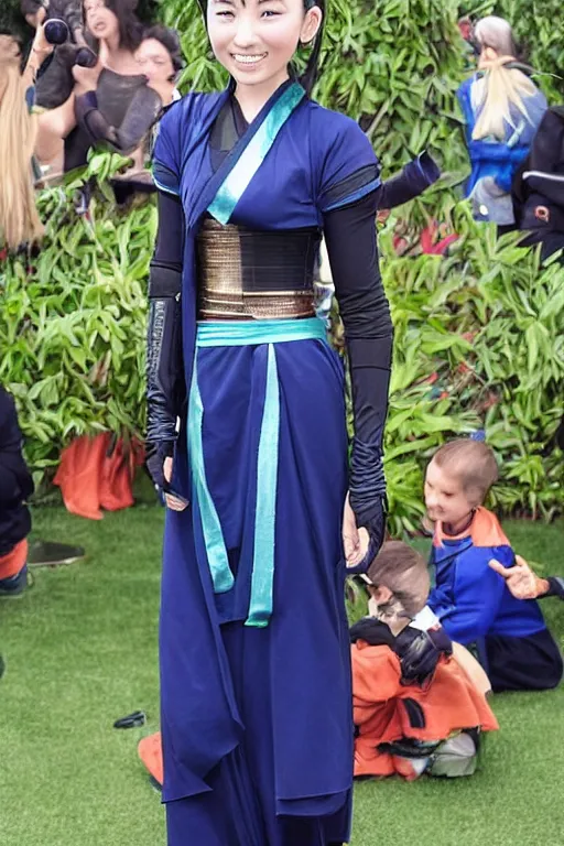 Prompt: full body photo of real - life suki from the last airbender, smiling