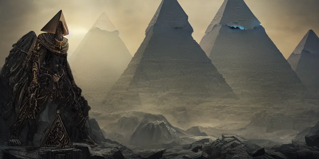 Prompt: Photorealistic epic intricate detailed dark wizard with arms outstretched, casting spells in front of an ominous Egyptian pyramid. a gentle rising mist, an epic rocky landscape. Art Nouveau, occult photorealism, UHD, amazing depth, glowing, golden ratio, 3D octane cycle unreal engine 5, volumetric lighting, cinematic lighting, cgstation artstation concept art