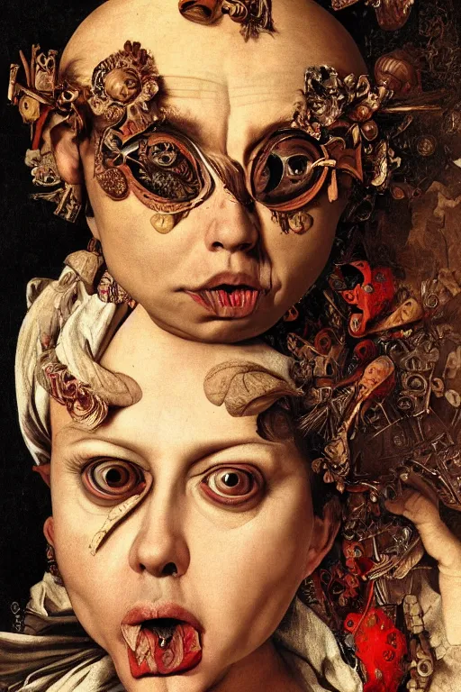 Image similar to Detailed maximalist portrait with large lips and with large eyes, angry, exasperated expression, HD mixed media, 3D collage, highly detailed and intricate illustration in the style of Caravaggio, dark art, baroque