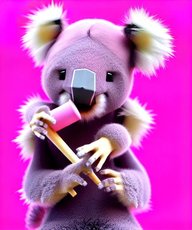 Prompt: high quality 3 d render hyperrealistic very cute small pink koala smoking weed joint, rising smoke, plush mascot, short spiky dense fluffy smooth hair, photo from the side, pink fluffy fur, 1 5 0 mm, beautiful natural soft light, rim light, vray, smooth background, artstation, ultra detailed