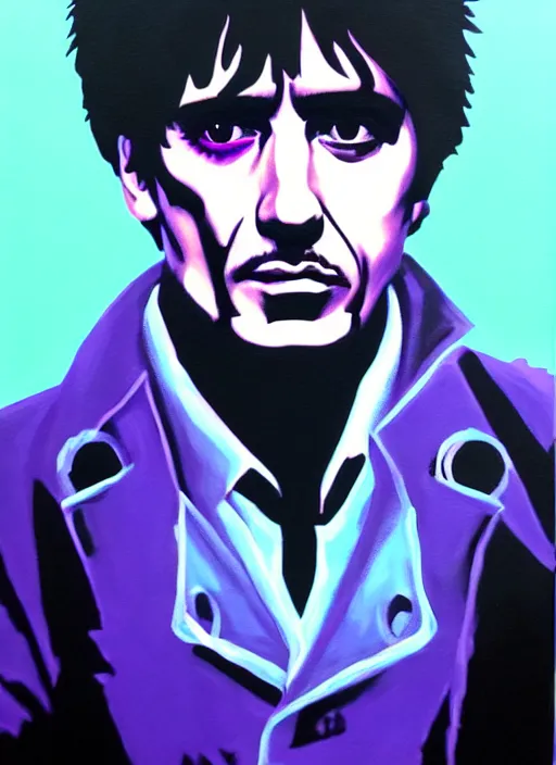 Prompt: acrylic painting of tony montana in a style of cyberpunk delivery club, in salvia divinorum, photorealistic glamour necro science, made in abyss