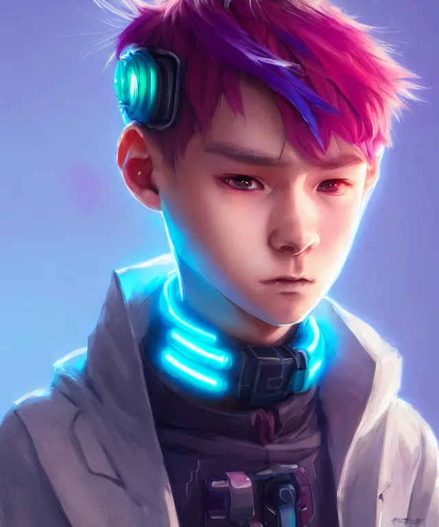 Image similar to character concept art of a cute young cyberpunk boy with colorful hair and collar | | cute - fine - face, pretty face, key visual, realistic shaded perfect face, fine details by stanley artgerm lau, wlop, rossdraws, james jean, andrei riabovitchev, marc simonetti, and sakimichan, trending on artstation