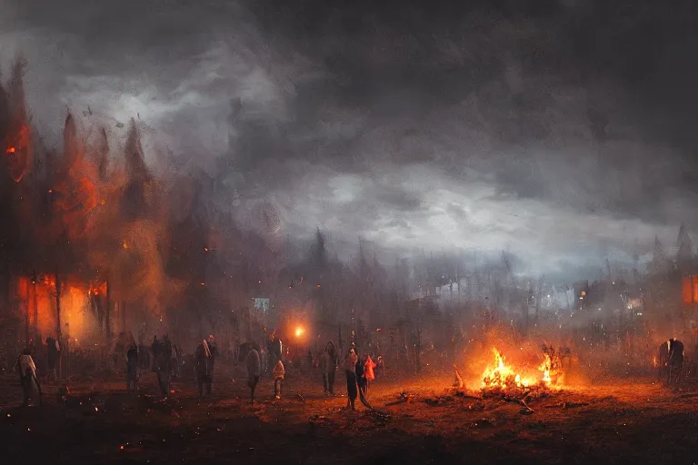 Image similar to the most amazing dream you ever had about bonfire party under rain, nature with eerie dark cloud,, hyper realistic, ambient lighting, concept art, intricate, hyper detailed, smooth, dynamic volumetric lighting, octane, cinematic