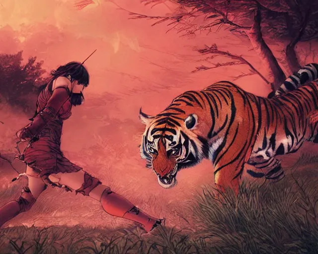 Image similar to a girl fighting a tiger, full shot, ambient lighting, detailed, art by ayami kojima, makoto shinkai, kilian eng