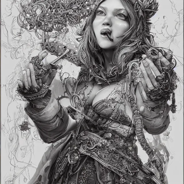 Prompt: the portrait of chaotic good female smiling druid alchemist as absurdly beautiful, gorgeous, elegant, young gravure idol, an ultrafine hyperdetailed illustration by kim jung gi, irakli nadar, intricate linework, sharp focus, bright colors, octopath traveler, final fantasy, unreal engine 5 highly rendered, global illumination, radiant light, detailed and intricate environment