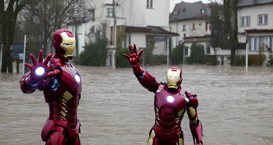 Prompt: Iron Man saving a small german town that is being flooded, movie screenshot, dramatic scene