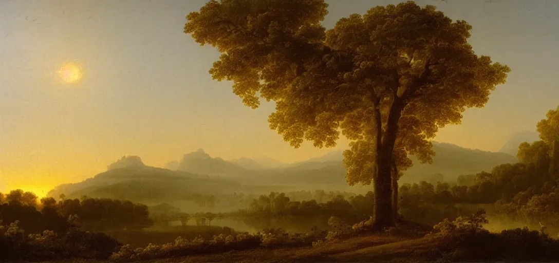 Image similar to a forest with diamond trees at sunset there is golden castle off in the distance, highly detailed landscape painting by claude lorrain, golden hour, misty ominous atmosphere