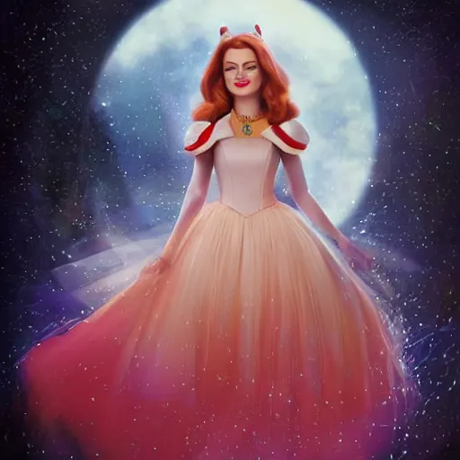 Image similar to digital painting of Emma Stone as a Disney princess wearingSnow White's dress, Pixar style, professional studio lightening, volumetric lightening, photorealism by Tristan Eaton Stanley Artgerm and Tom Bagshaw