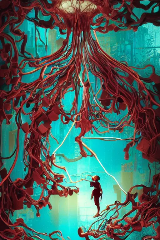 Prompt: epic 3 d abstract 🇵🇷 laptop hacker, spinning hands and feet, 1 6 mm, maroon and teal peanut butter melting smoothly into asymmetrical ficus trees and mushrooms, thick wires looping, wavy, kinetic, floating headsets, houdini sidefx, deviantart, by jeremy mann, ilya kuvshinov, jamie hewlett and ayami kojima