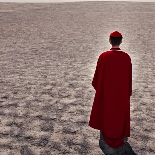 Prompt: a priest wearing red robes walking in a desert, sunny weather, gerhard richter, rendered in octane, realistic, 8 k, vivid, intricate, detailed