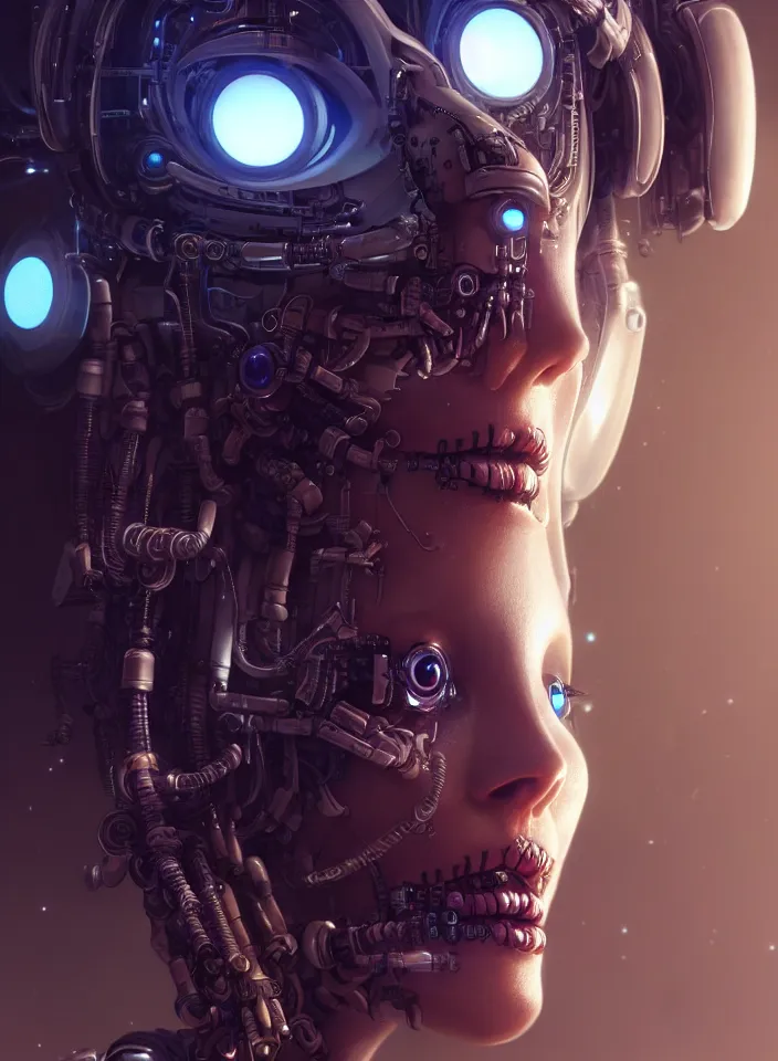 Image similar to beautiful crying! female mechanical android!, half portrait, intricate detailed environment, photorealistic!, octane render, concept art, cinematic, interstellar, ultra detailed, sharp, el dia los muertos!, cyberpunk, bladerunner, 8 k, by angus mckie, moebius, maciej kuciara, stanley lau, artgerm, greg rutkowski