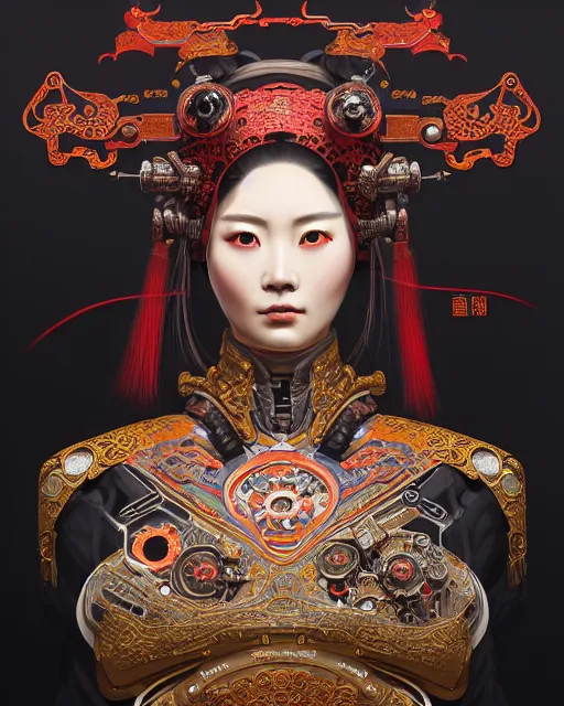 Image similar to portrait of a cyberpunk machine, machine face, upper half portrait, decorated with chinese opera motifs, asian, fine china, wuxia, traditional chinese art, intricate, elegant, highly detailed, symmetry, headpiece, digital painting, artstation concept art smooth sharp focus, illustration, art by artgerm and greg rutkowski alphonse mucha 8 k