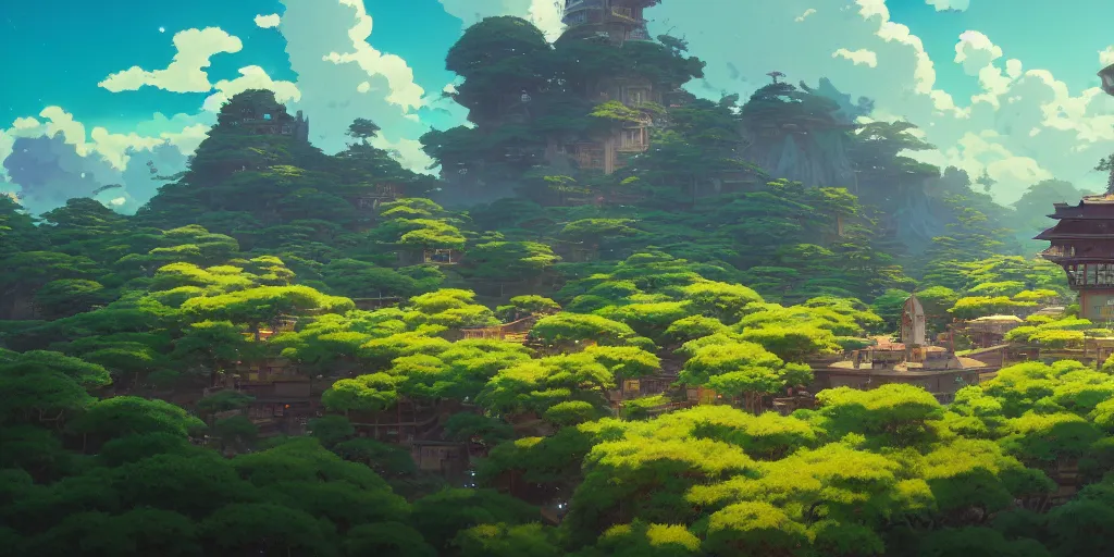 Image similar to highly detailed vfx panoramic landscape of studio ghibli, stephen bliss, unreal engine, greg rutkowski, loish, rhads, beeple, makoto shinkai and lois van baarle, ilya kuvshinov, rossdraws, tom bagshaw, alphonse mucha, global illumination, detailed and intricate environment