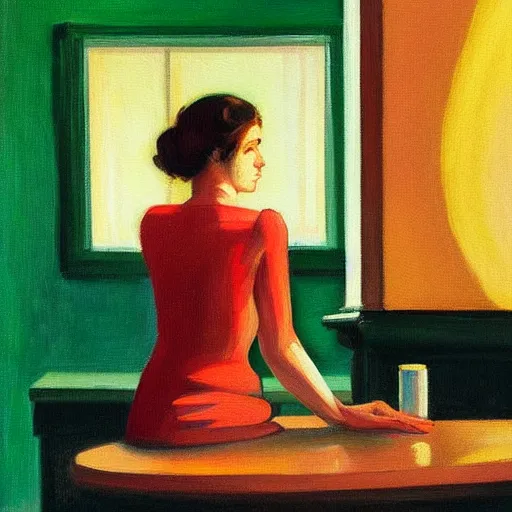 Image similar to a painting of a woman sitting in a bar scrolling on her smartphone in the style of edward hopper