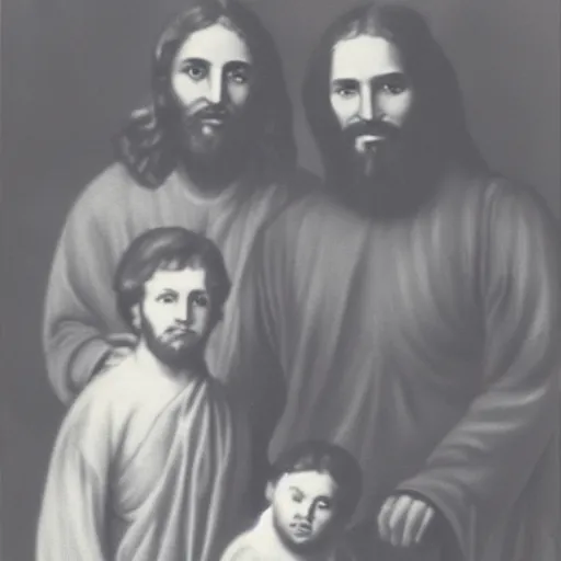 Prompt: old family photo of jesus christ with his brother lucario, hyperrealistic, vintage