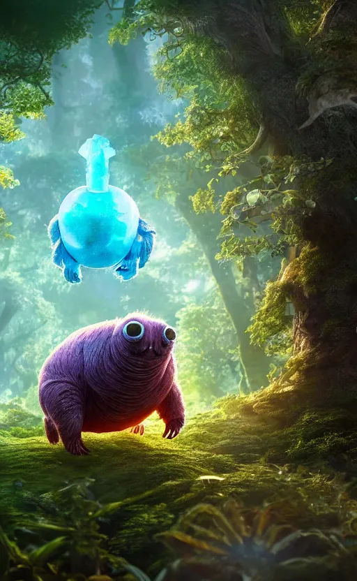 Image similar to microscopic tardigrade, treehouse, magical forest, water bear, futuristic, sharp focus, electric, backlight, furry, soft, concept art, intricate details, highly detailed, photorealistic, disney pixar, octane render, iridescent, global illumination, anime, 8 k