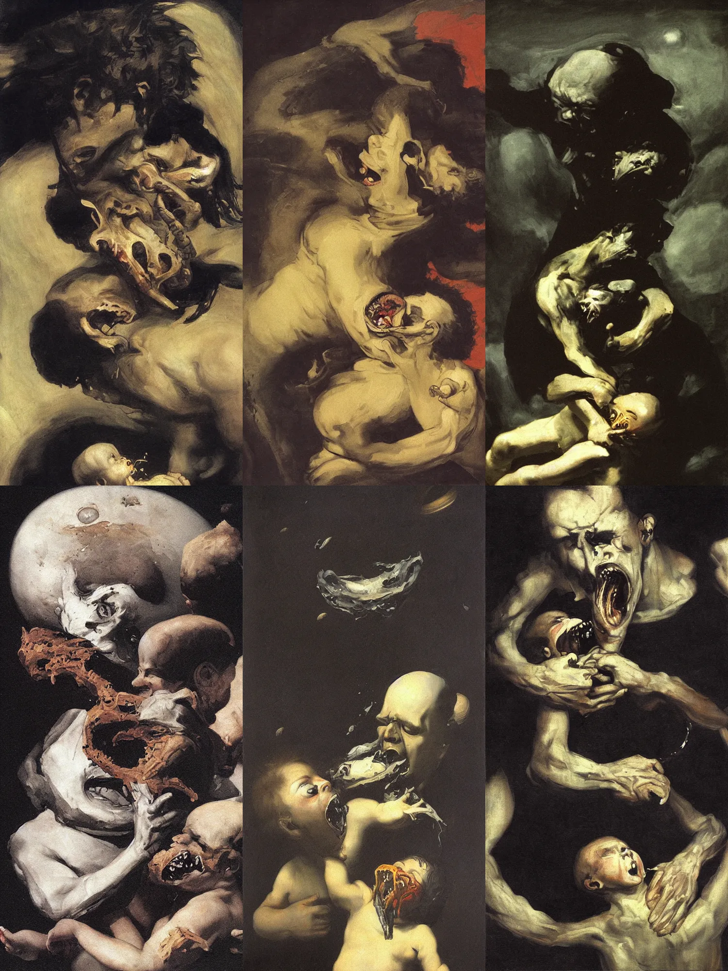 Prompt: saturn devouring his son. black painting. by goya and wlop.