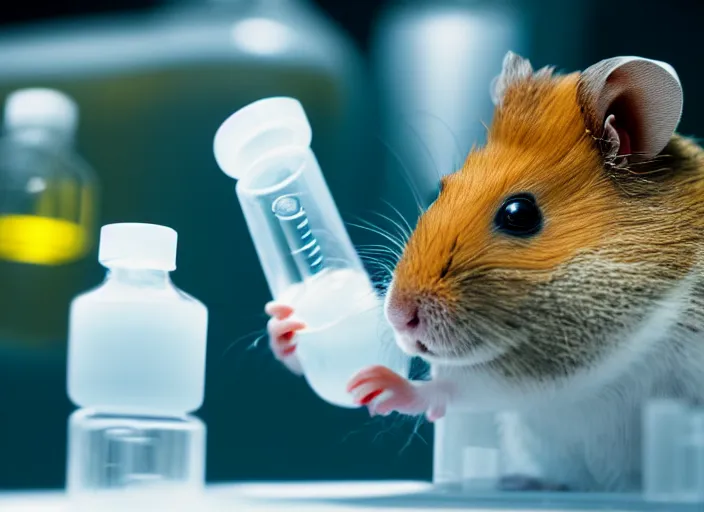 Image similar to film still of a hamster working in a research lab filling test tubes, 8 k